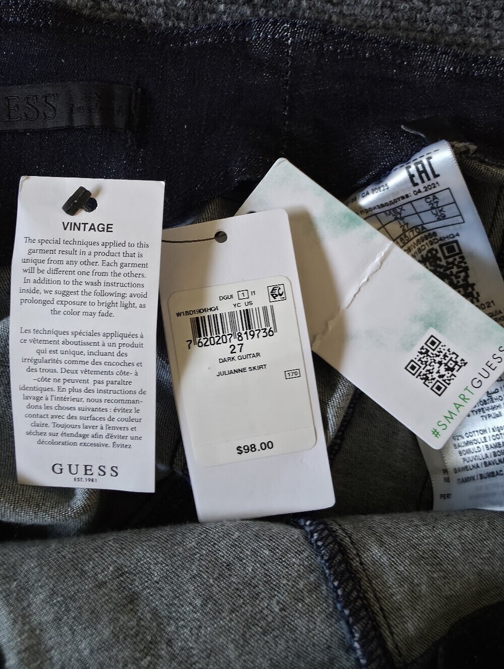 GUESS Y2K Julianne Skirt Size 27 Dark Guitar Denim Ruffle HEM Organic Cotton NWT - Picture 4 of 9